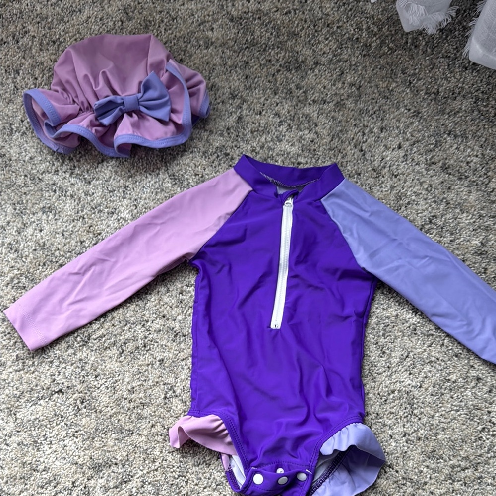 Purple and Lavender Long Sleeve Swimsuit with Cap